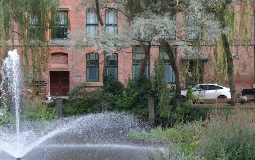 Fountain in front of town houses