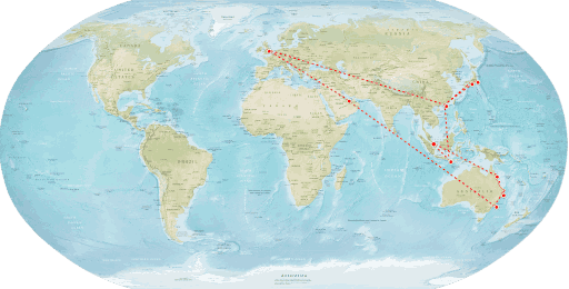 Map of the world with travel routes